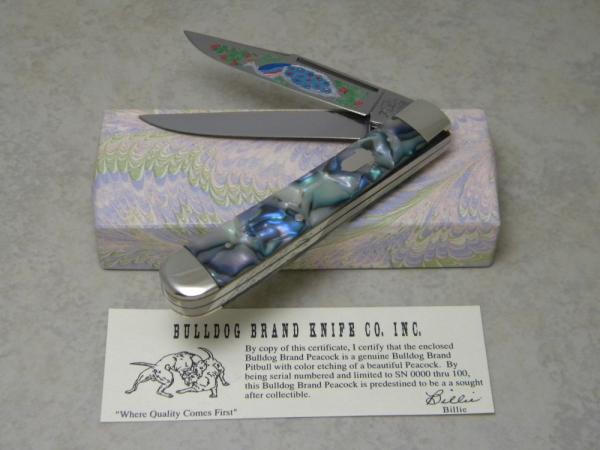 Bulldog Brand Solingen Germany Abalone Trapper Knife with Peacock Etch in Box 1 of 100 Bulldog Brand Solingen Germany Abalone Trapper Knife with Peacock Etch in Box 1 of 100