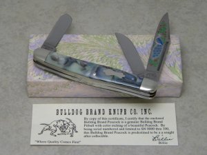 Bulldog Brand Solingen Germany Abalone Stockman Knife with Peacock Etch in Box 1 of 100