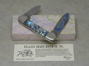 Bulldog Brand Solingen Germany Abalone Canoe Knife with Peacock Etch in Box 1 of 100