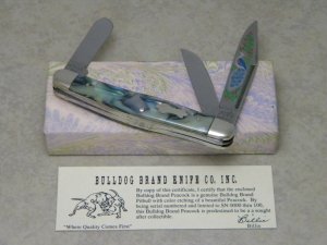 Bulldog Brand Solingen Germany Abalone Stockman Knife with Peacock Etch in Box 1 of 100