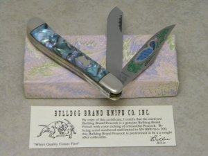 Bulldog Brand Solingen Germany Abalone Dogleg Trapper Knife with Peacock Etch in Box 1 of 100