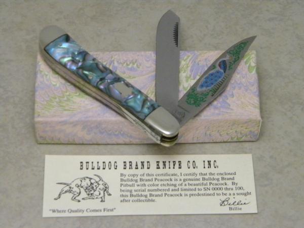 Bulldog Brand Solingen Germany Abalone Dogleg Trapper Knife with Peacock Etch in Box 1 of 100 Bulldog Brand Solingen Germany Abalone Dogleg Trapper Knife with Peacock Etch in Box 1 of 100