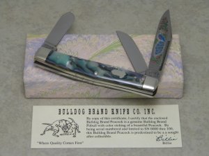 Bulldog Brand Solingen Germany Abalone Stockman Knife with Peacock Etch in Box 1 of 100