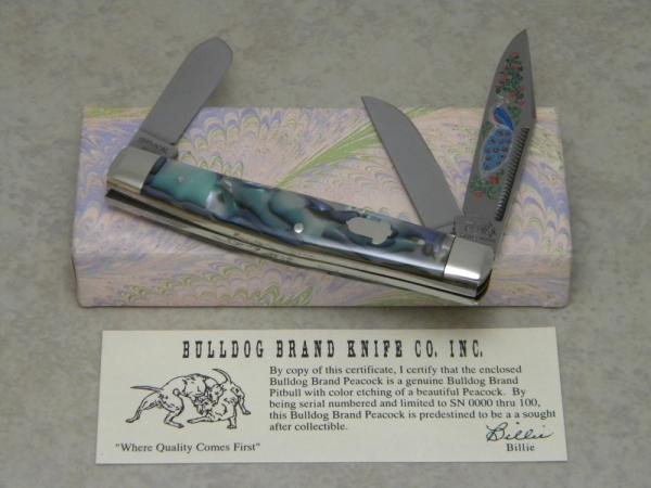 Bulldog Brand Solingen Germany Abalone Stockman Knife with Peacock Etch in Box 1 of 100 Bulldog Brand Solingen Germany Abalone Stockman Knife with Peacock Etch in Box 1 of 100
