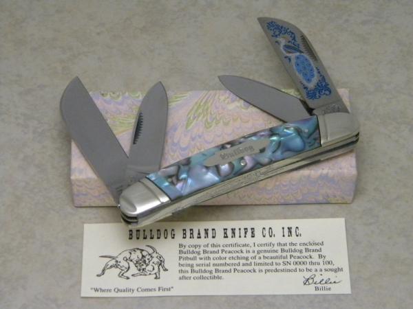 Bulldog Brand Solingen Germany Abalone Large Congress Knife with Peacock Etch in Box 1 of 100 Bulldog Brand Solingen Germany Abalone Large Congress Knife with Peacock Etch in Box 1 of 100