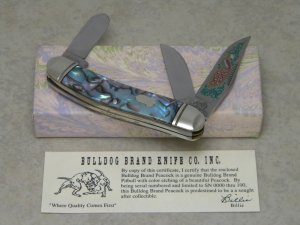 Bulldog Brand Solingen Germany Abalone Sowbelly Stockman Knife with Peacock Etch in Box 1 of 100
