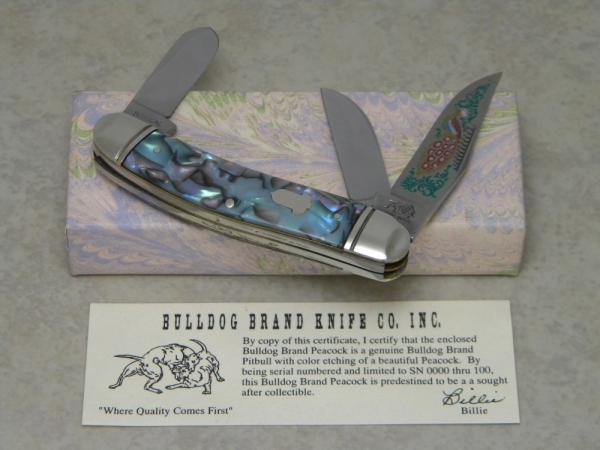 Bulldog Brand Solingen Germany Abalone Sowbelly Stockman Knife with Peacock Etch in Box 1 of 100