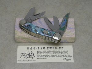 Bulldog Brand Solingen Germany Abalone Sowbelly Stockman Knife with Peacock Etch in Box 1 of 100