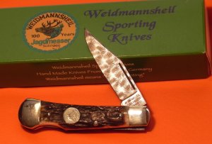 2007 Weidmannsheil Genuine Stag Horn Handles & Genuine Rain Drop Damascus Blade - NOS/NM