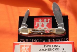 Vintage J A Henckels 2 Blade Canoe w/ Great Gnarly Stag Handles & Blade Etch - M/NM -NICE ONE!
