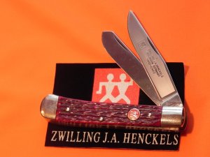 Vintage J A Henckels 2 Blade Trapper with Premium Red Pick Bone Handles & Blade Etch