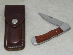 Buck 532 USA Pat. Pend. Wood Bucklock Folding Lockback Knife & Pouch c.1991