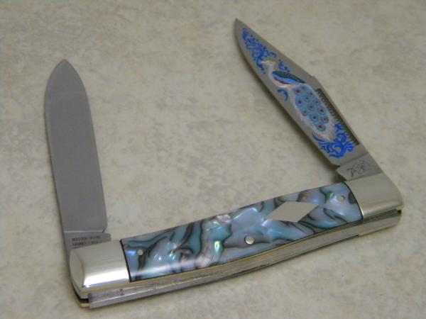 Bulldog Brand Solingen Germany Abalone Moose Knife with Peacock Etch 1 of 100 Bulldog Brand Solingen Germany Abalone Moose Knife with Peacock Etch 1 of 100