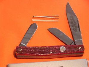Unusual Boker Stockman (MDL#6066ZP II ) w Red Pick Bone Handles & Hidden Pick and Tweezers +Orig Box