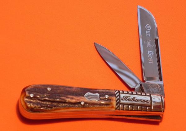 Vint Bulldog Brand HAND MADE, 2 Blade "Our Best" Tobacco Barlow w/ Fantastic Deer Stag Handles Vint Bulldog Brand HAND MADE, 2 Blade "Our Best" Tobacco Barlow w/ Fantastic Deer Stag Handles