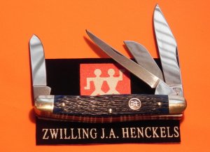 Vintage Zwilling  J A Henckels 4 Blade Stockman w/ Blue Pick Bone Handles w/ Black Shield