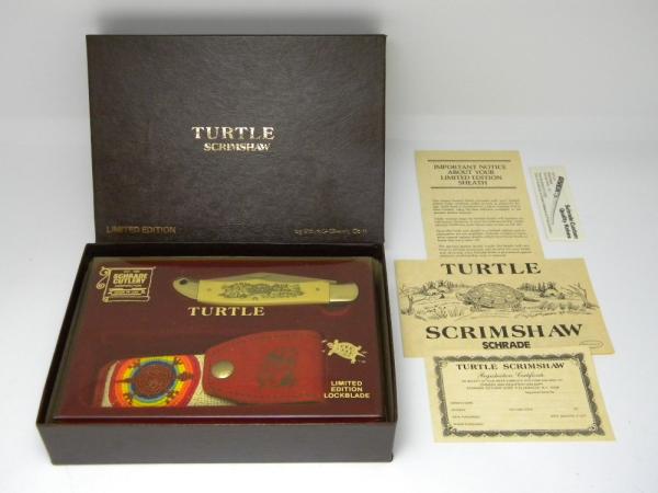 Schrade + USA I.T. Turtle Limited Edition Scrimshaw Lockback Knife & Pouch in Box c.1989 Schrade + USA I.T. Turtle Limited Edition Scrimshaw Lockback Knife & Pouch in Box c.1989