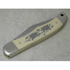 Schrade + USA I.T. Turtle Limited Edition Scrimshaw Lockback Knife & Pouch in Box c.1989 Schrade + USA I.T. Turtle Limited Edition Scrimshaw Lockback Knife & Pouch in Box c.1989