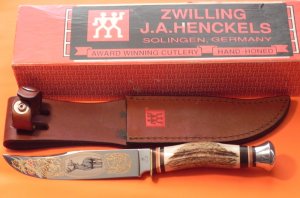 Vintage J A Henckels Presentation Hunting Knife (HK500) W Gold Scroll & Buck Blade Etch + Sheath&Box