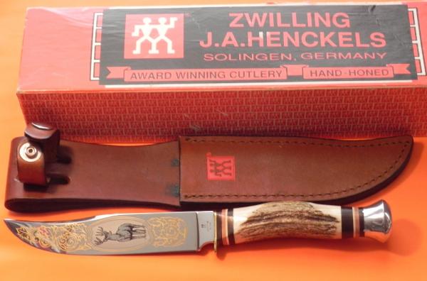 Vintage J A Henckels Presentation Hunting Knife (HK500) W Gold Scroll & Buck Blade Etch + Sheath&Box Vintage J A Henckels Presentation Hunting Knife (HK500) W Gold Scroll & Buck Blade Etch + Sheath&Box