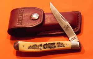 Vintage Schrade Scrimshaw w Massey Ferguson 1 Blade Trapper Lock Blade Pocket Knife (SC503) +Sheath