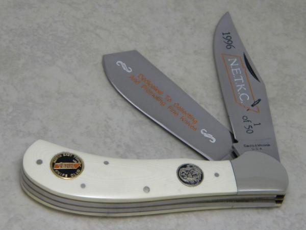 Smith & Wesson USA Micarta 1996 N.E.T.K.C. Cotton Sampler Saddlehorn Knife 1of 50 Smith & Wesson USA Micarta 1996 N.E.T.K.C. Cotton Sampler Saddlehorn Knife 1of 50
