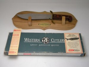 Western USA W49 Wood Bowie Fixed Blade Knife with Plaque In Box c.1989
