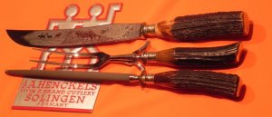 J A Henckels Carving Set Carving Meat Slicing Knife w Elk Blade Etch & Fork +Sharpener -Stag Handles