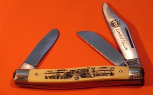 Vint Schrade Scrimshaw Limited Edition 3 Blade Stockman (505SC) w Massey-Harris Tractor & Farm Scene