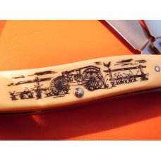 Vint Schrade Scrimshaw Limited Edition 3 Blade Stockman (505SC) w Massey-Harris Tractor & Farm Scene Vint Schrade Scrimshaw Limited Edition 3 Blade Stockman (505SC) w Massey-Harris Tractor & Farm Scene