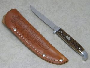 Queen Cut. Co. Titusville PA #85 Bone "Bird and Trout" Fixed Blade Sheath Knife - 1 of 25