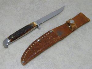 Queen City #85 Rogers Bone "Bird and Trout" Fixed Blade Sheath Knife c.1920's