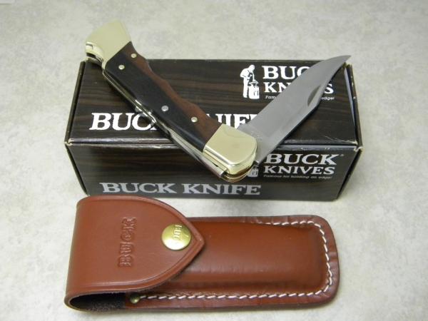 Buck 110 USA Finger Grooved Wood Folding Hunter Lockback Knife in Box c.1989 Buck 110 USA Finger Grooved Wood Folding Hunter Lockback Knife in Box c.1989