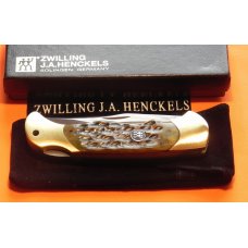 Vintage J A Henckels Large Folding Hunter Knife w/ Green Pick Bone Handles - NOS in box w/ COA Vintage J A Henckels Large Folding Hunter Knife w/ Green Pick Bone Handles - NOS in box w/ COA