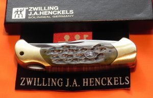 Vintage J A Henckels Large Folding Hunter Knife w/ Green Pick Bone Handles - NOS in box w/ COA