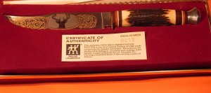 Vintage J A Henckels Presentation Fixed Blade Hunter w/ Deer Stag Handles & Deer Head Blade Etch