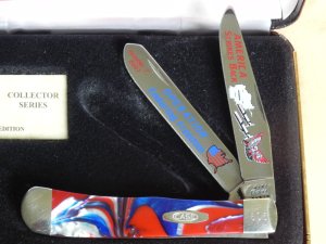 Case XX 2001 Operation Enduring Freedom Trapper w red white blue handles, Blade Etch USA Fights Back