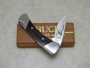 Buck USA Model # 505 Wood Knight Lockback Knife in Box Pre 1986 - Johnston Pumps Advertising