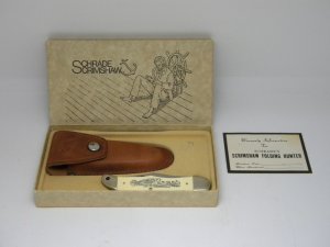 Schrade USA 261SC Scrimshaw "Liberty Justice The Mayflower" Folding Hunter Knife & Pouch in Box