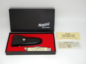 Schrade USA SC500 Rams Scrimshaw Linerlock Folding Hunter Knife & Pouch in Box c.1980