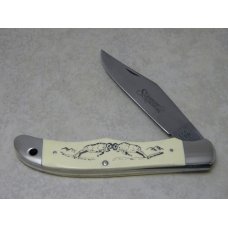 Schrade USA SC500 Rams Scrimshaw Linerlock Folding Hunter Knife & Pouch in Box c.1980 Schrade USA SC500 Rams Scrimshaw Linerlock Folding Hunter Knife & Pouch in Box c.1980