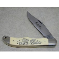 Schrade USA SC500 Bison Scrimshaw Linerlock Folding Hunter Knife & Pouch in Box c.1979 Schrade USA SC500 Bison Scrimshaw Linerlock Folding Hunter Knife & Pouch in Box c.1979