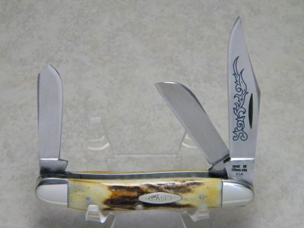 Case XX Stainless USA 3 Dot (1977) Stag 5347 HP SSP Blue Scroll Stockman Knife Case XX Stainless USA 3 Dot (1977) Stag 5347 HP SSP Blue Scroll Stockman Knife