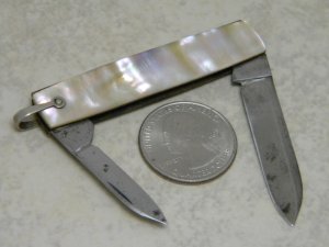 Edw. K Tryon Co. Philadelphia Mother of Pearl 2 Blade Watch Fob Pen Knife - Early 1900's