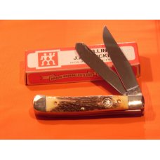 Vintage, NOS, J A Henckels 2 Blade Trapper with Premium Stag Handles w/ Black Shield +Orig Box