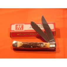 Vintage, NOS, J A Henckels 2 Blade Trapper with Premium Stag Handles w/ Black Shield +Orig Box