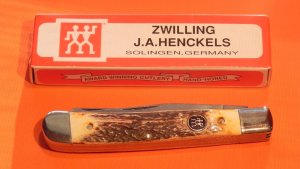 Vintage, NOS, J A Henckels 2 Blade Trapper with Premium Stag Handles w/ Black Shield +Orig Box