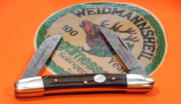 2007 Weidmannsheil Grooved Horn Handles & Genuine German Rain Drop Damascus Blade +Etching -NOS/NM/M 2007 Weidmannsheil Grooved Horn Handles & Genuine German Rain Drop Damascus Blade +Etching -NOS/NM/M