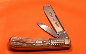 Vintage Bulldog Brand HAND MADE, 2 Blade "Our Best" Tobacco Barlow w/ Fantastic Deer Stag Handles