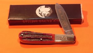 2007 Bulldog Brand, HAND MADE 2 Blade Barlow w Fantastic Red Bone Stag Handles +Blade Etch +Orig Box